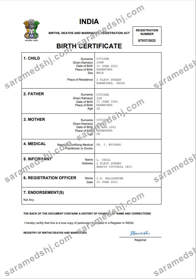India vital record birth certificate Word and PDF template,